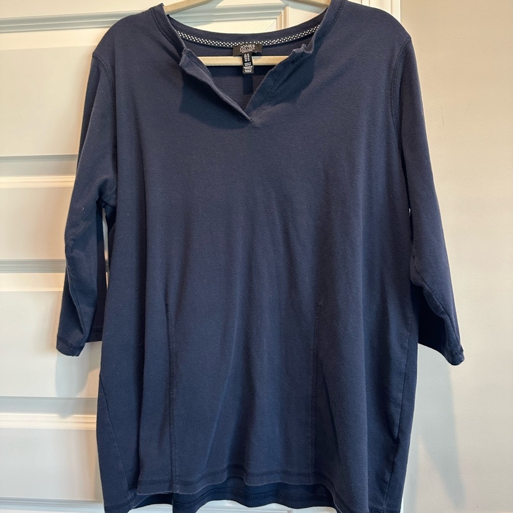 Jones New York Navy Split-Notch Long Sleeve Top